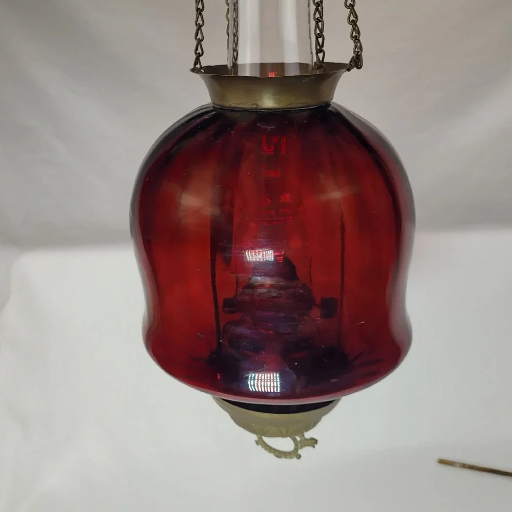 Antique Ruby Red Glass Hanging Oil Lamp Macbeth Pearl Glass Chimney Brass Trim